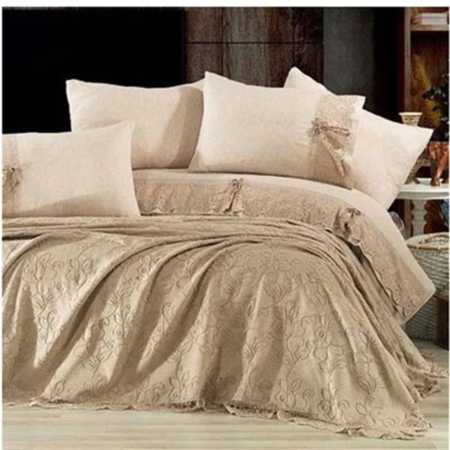 Комплект постільної білизни Nazik Home для двоспального ліжка з мереживом Rosella бежевий 7 предметів