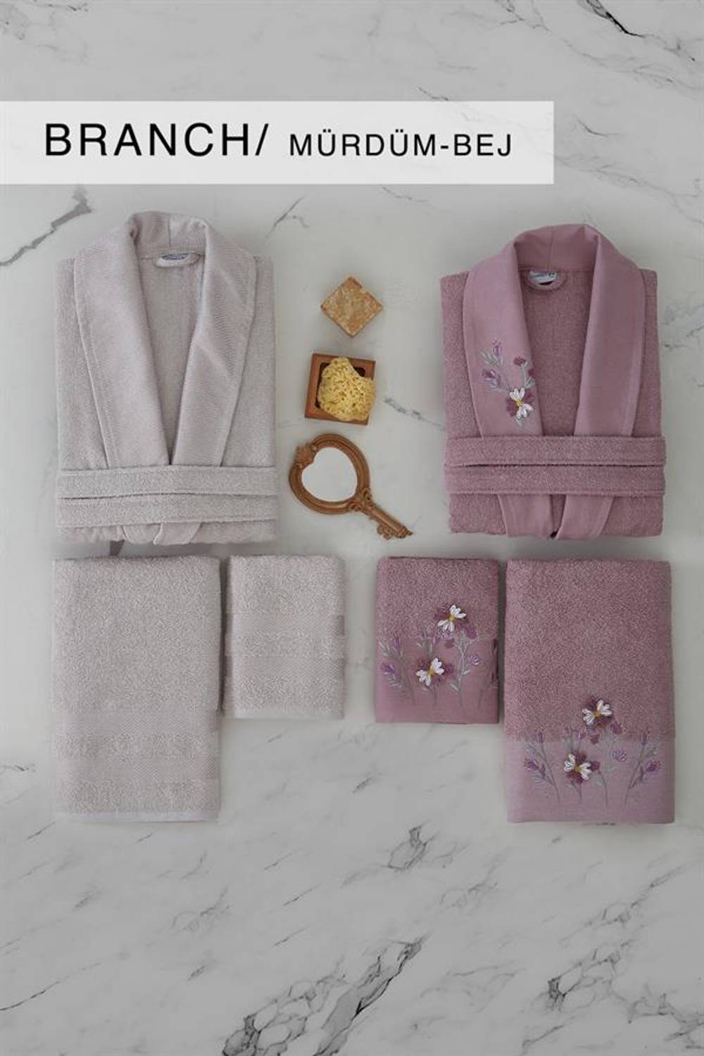 Набор банных халатов Cotton Life 6 предметов Фиолетово-бежевый