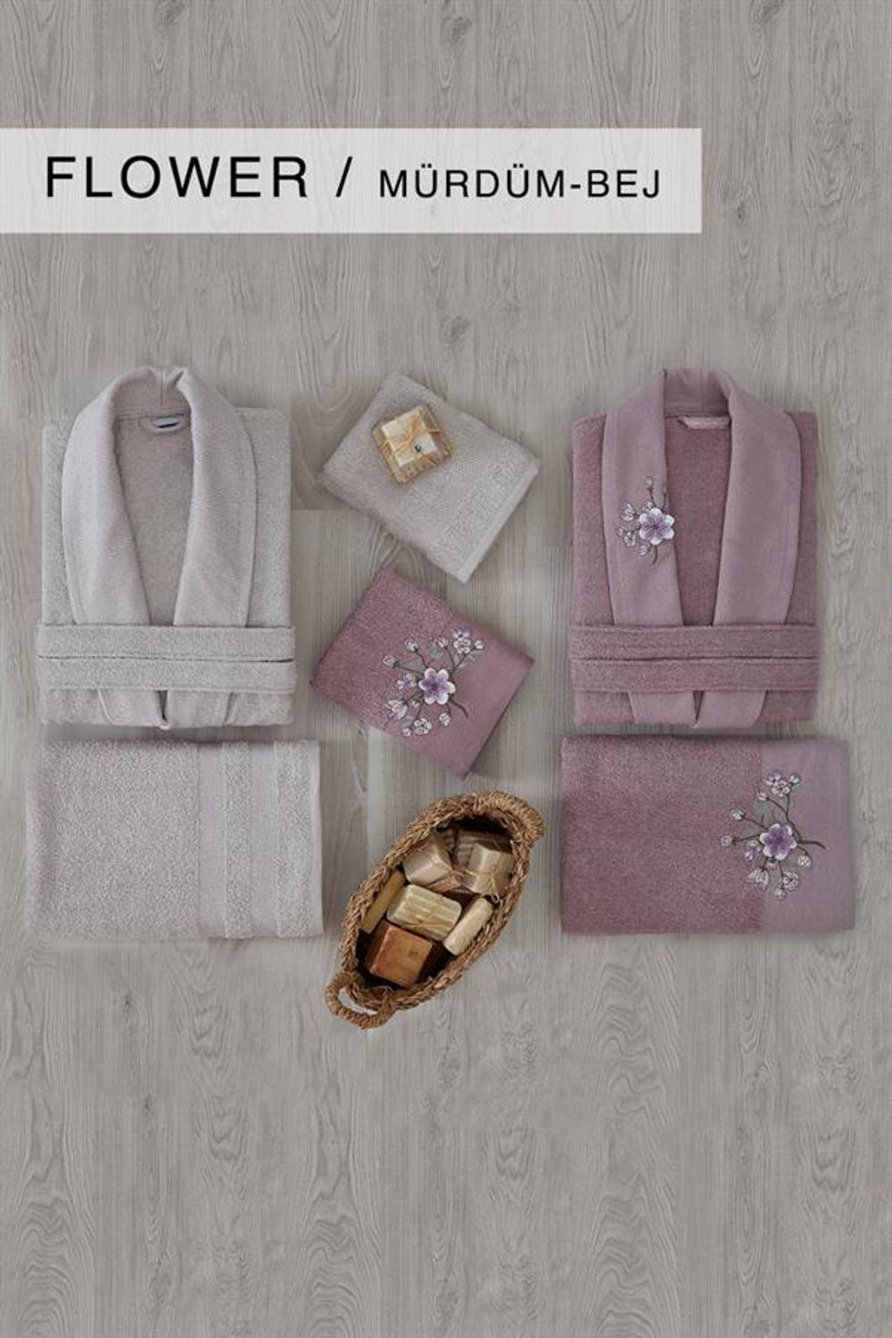 Cotton Life Family Bathrobe Set 6 Pcs Flower Plum-Beige