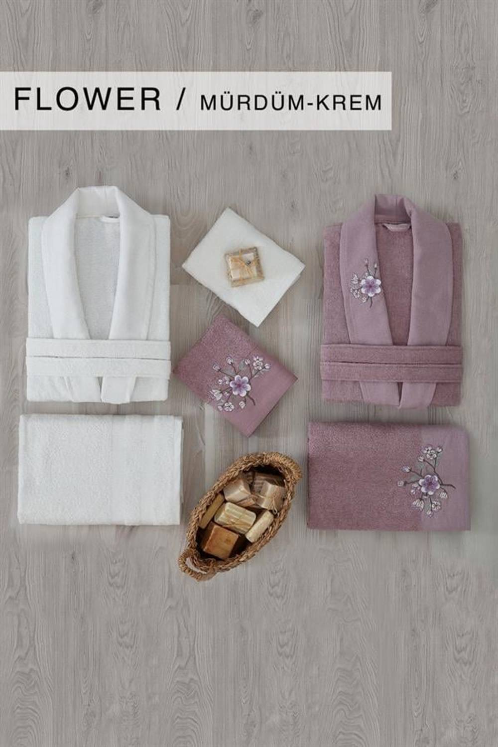 طقم روب حمام عائلي قطن لايف 6 قطع بلوم كريم