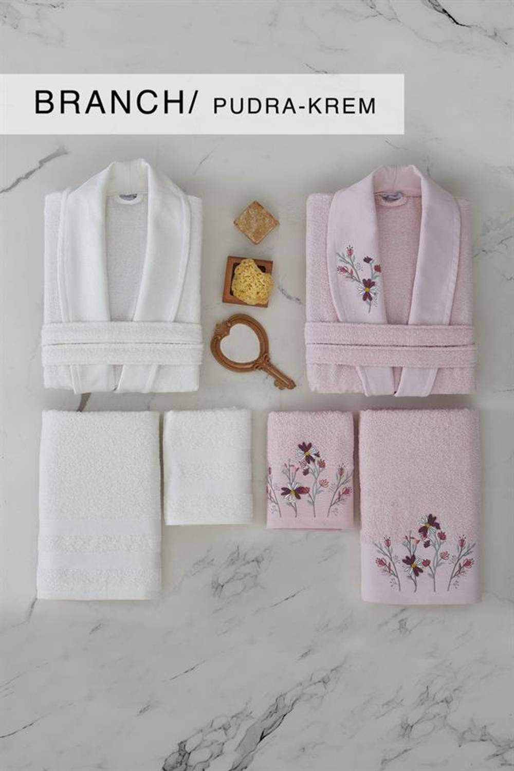 Cotton Life Aile Bornoz Seti Branch 6 Parça Pudra-Krem