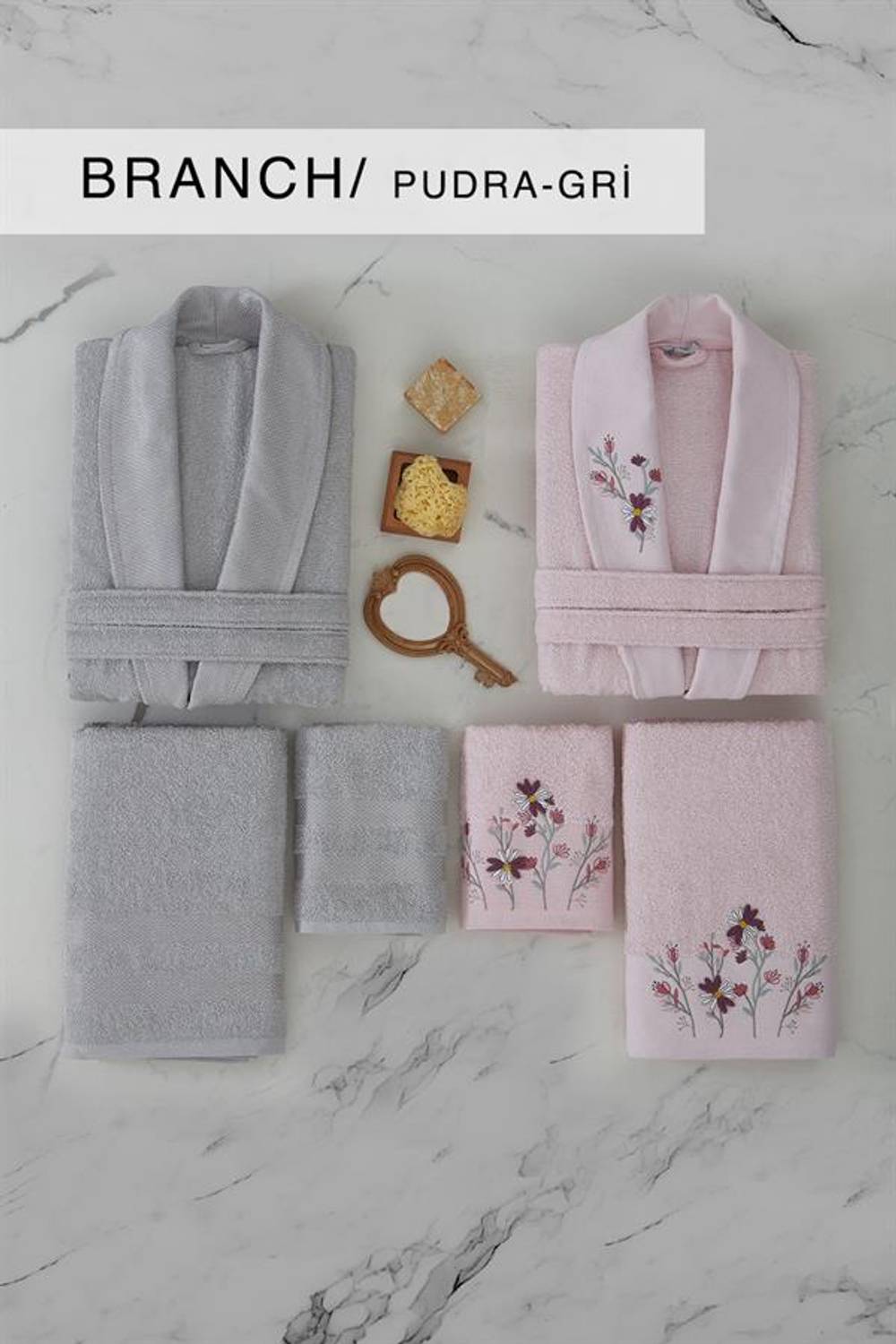 Набор халатов Cotton Life Aile Brunch 6 предметов, розово-серый, мягкий и комфортный, идеален для семьи