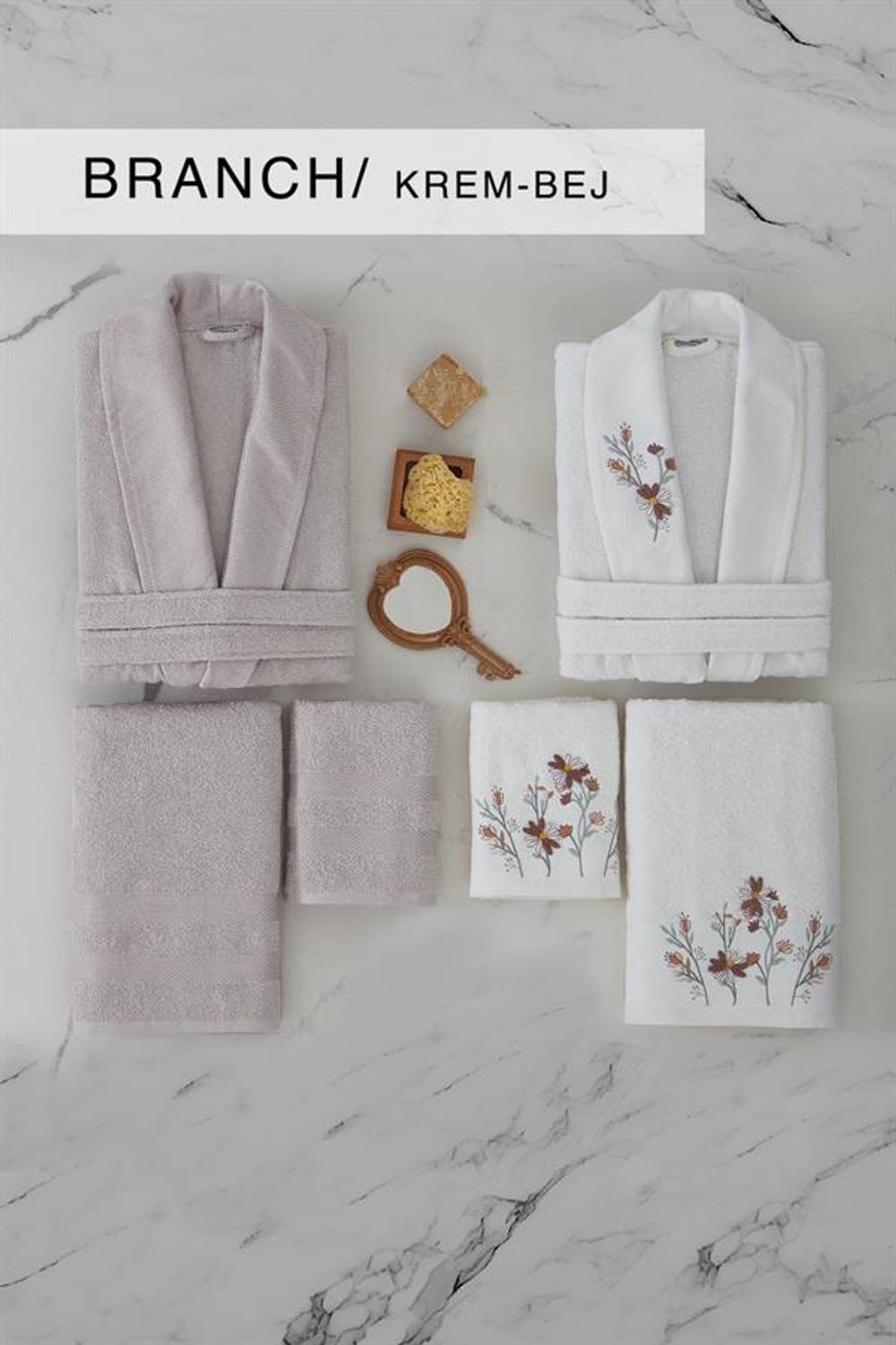 Cotton Life Aile Bornoz Seti Branch 6 Parça Krem-Bej