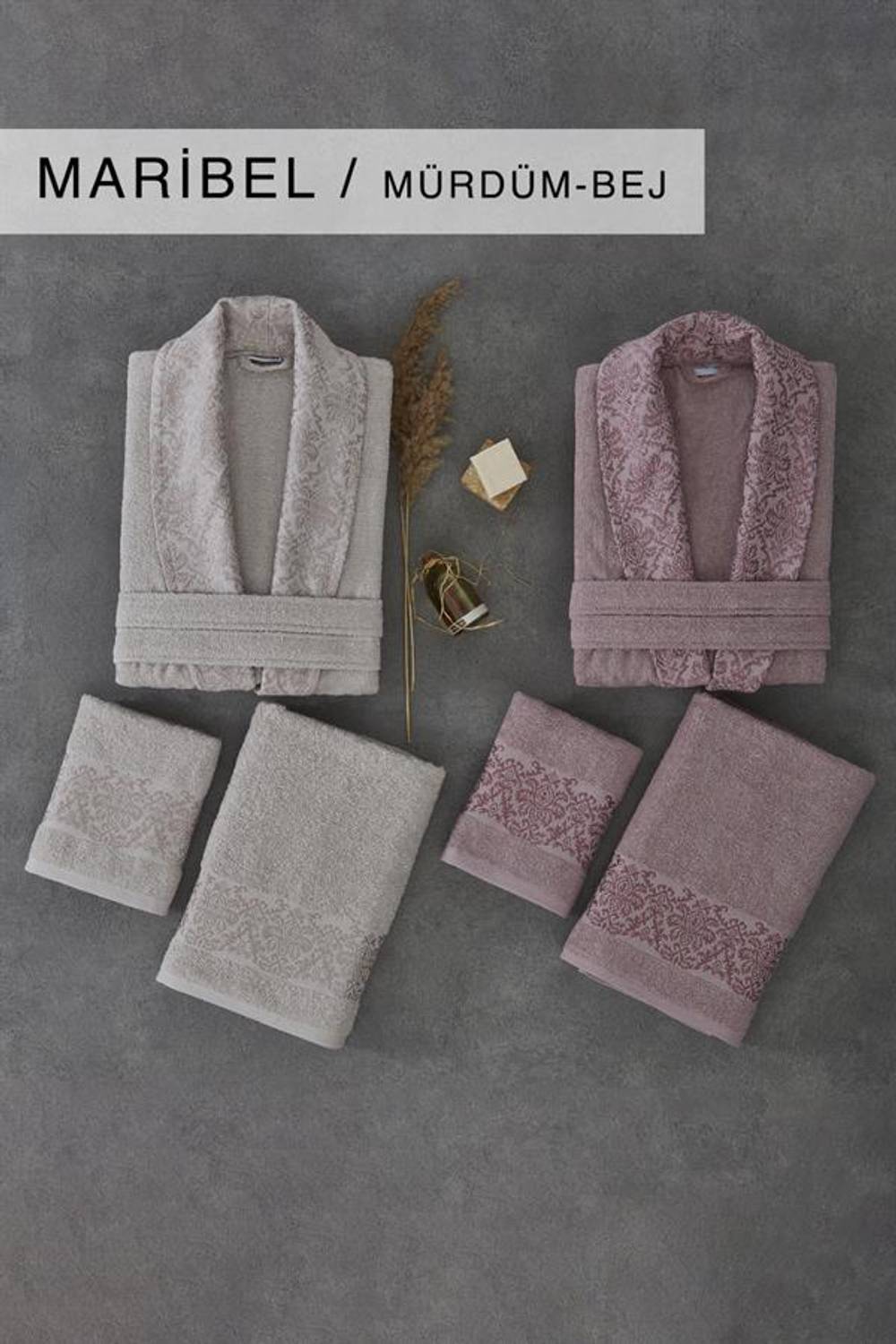 Комплект халатов Cotton Life Maribel из 6 частей, 100% хлопок, цвет бордовый-бежевый, включает мужской и женский халаты, 2 банных и 2 лицевых полотенца