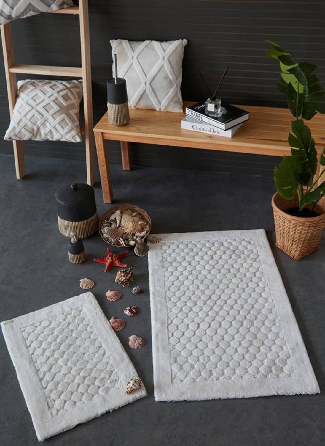 Килимок для ванної İyi Geceler İstanbul Poil у кольорі екру, з 100% бавовняного віскозного волокна, антискользящий, 60x100 см та 40x60 см