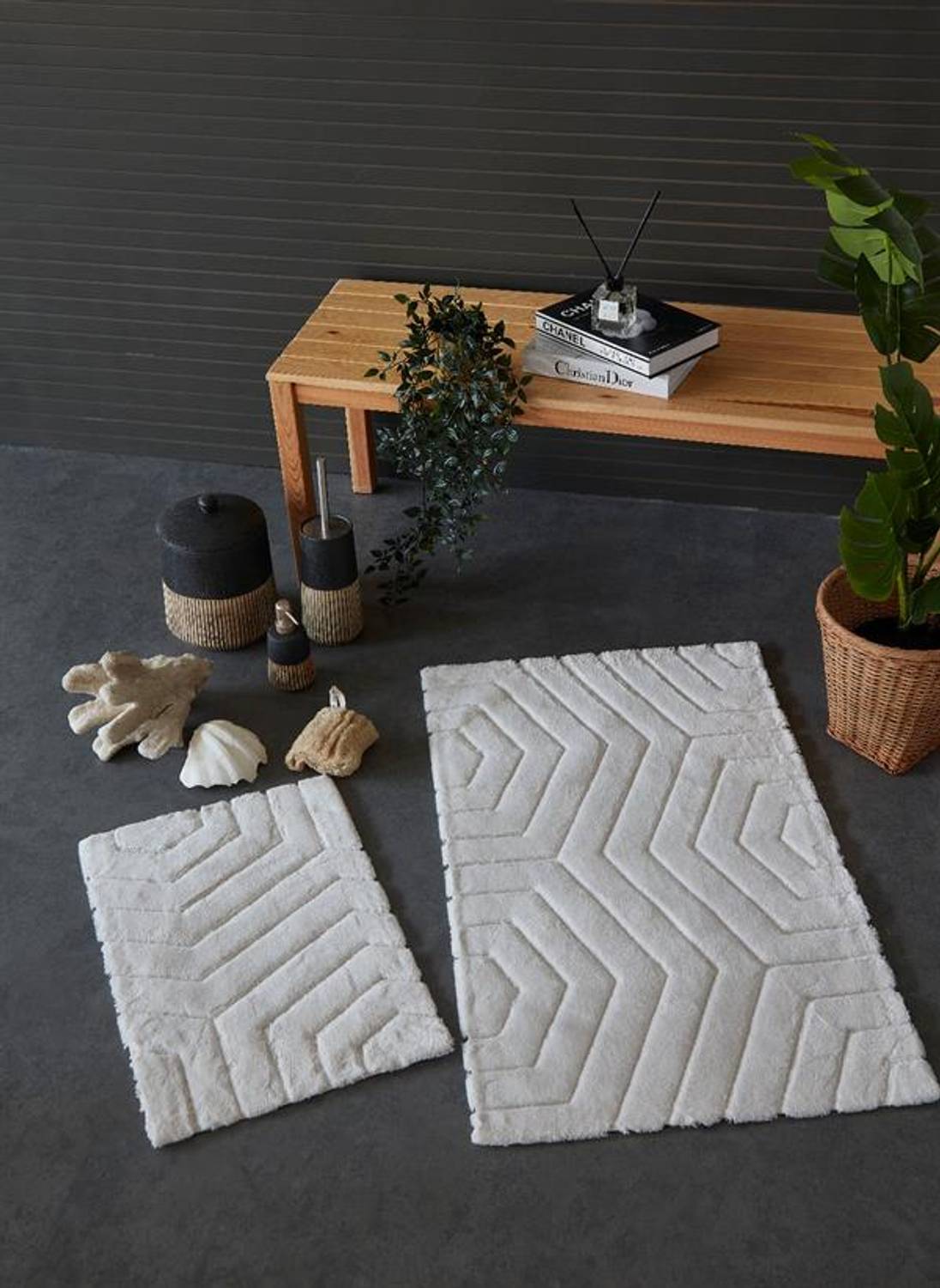 Килимок для ванної İyi Geceler İstanbul, кремовий, 100% бавовна, 60x100 см та 40x60 см, антиковзкий, абсорбуючий, гігієнічно чистий, легкий у догляді