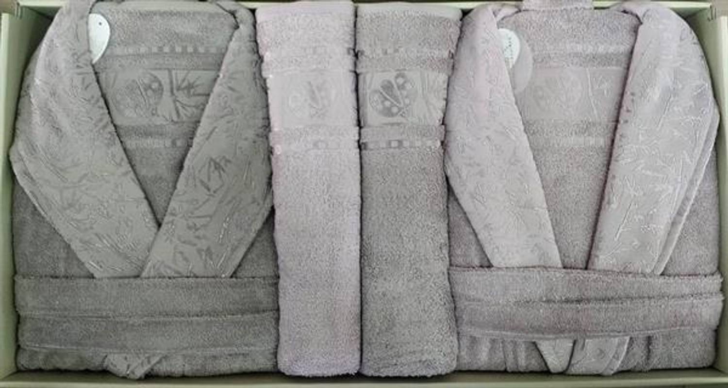 Комплект бамбукових халатів Pupilla Silver, ліловий з темно-сірим, комфорт та стиль для всієї сім'ї
