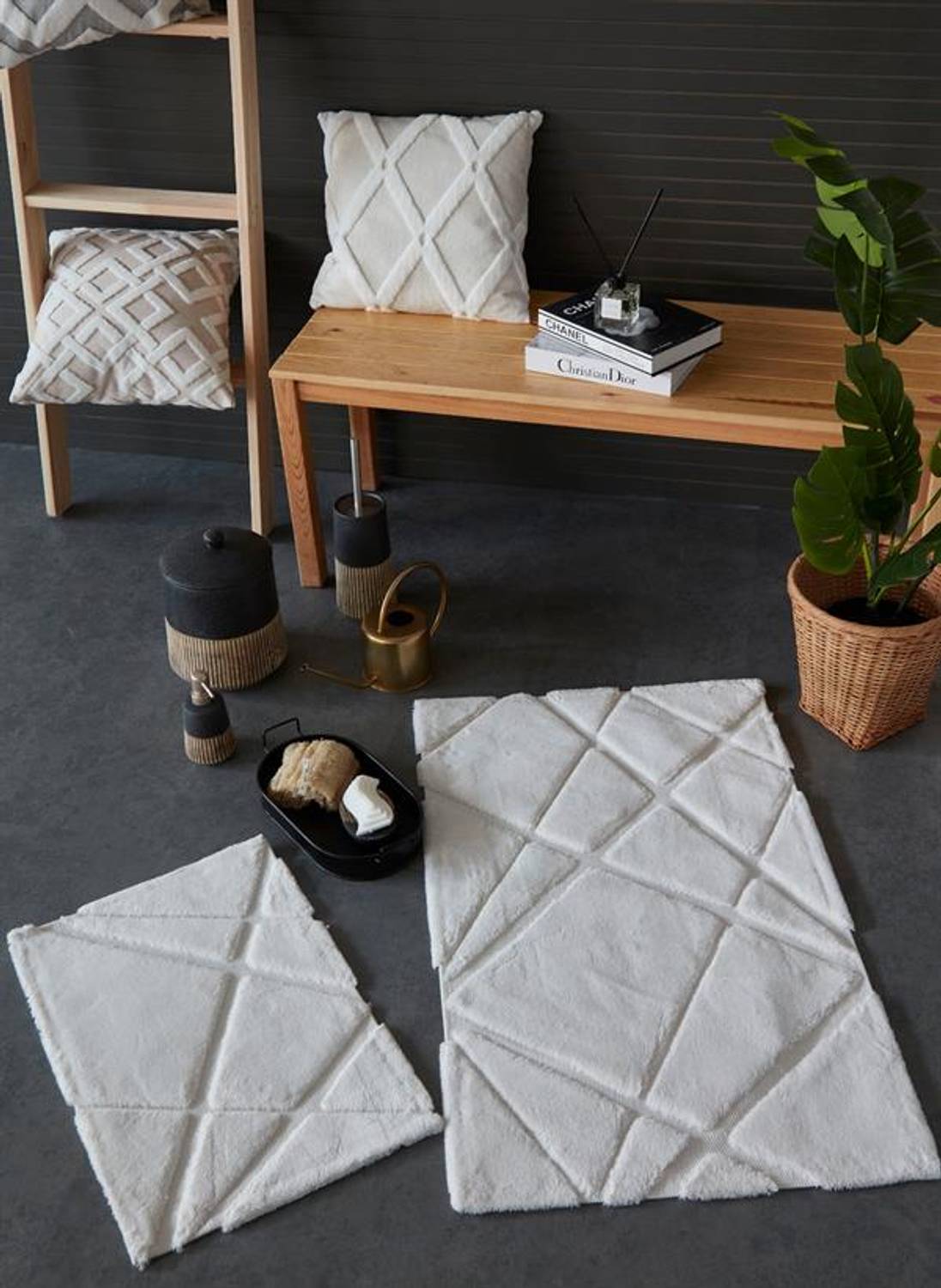 Килимок для ванної İyi Geceler İstanbul, сучасний, екру, 60x100 см та 40x60 см, 100% бавовна, антибактеріальний, м'який та водопоглинаючий