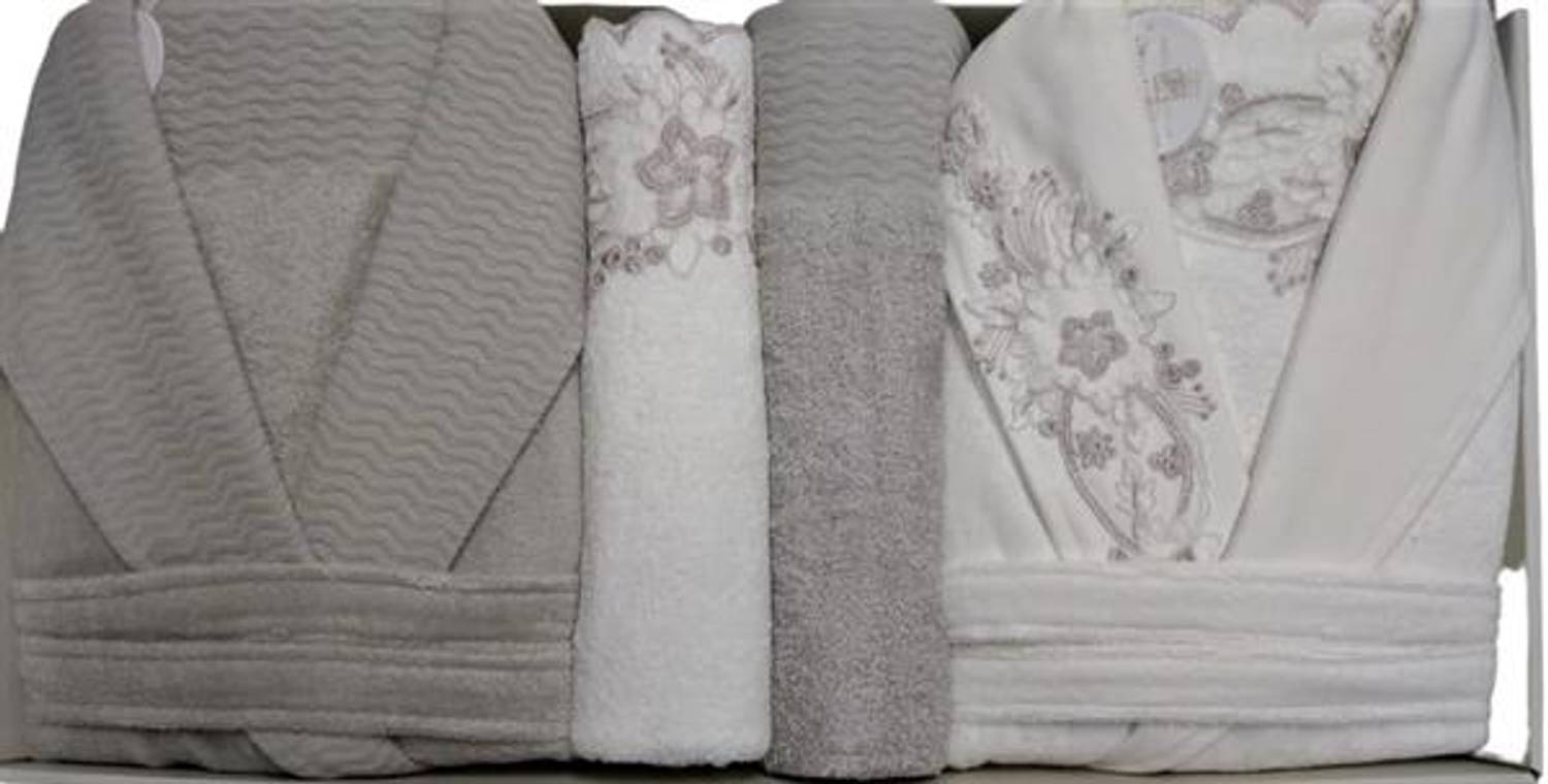 Pupilla Family Bathrobe Set Bamboo Vanetta Ecru-Grey