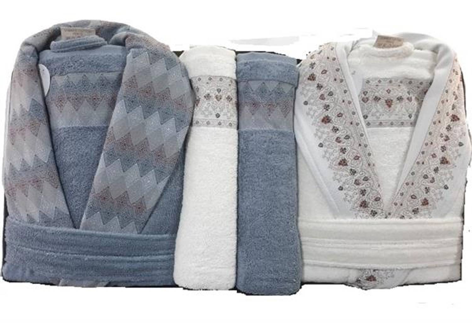 Pupilla 6 Piece Family Bathrobe Set Combed Cotton Elfin Ecru-Blue