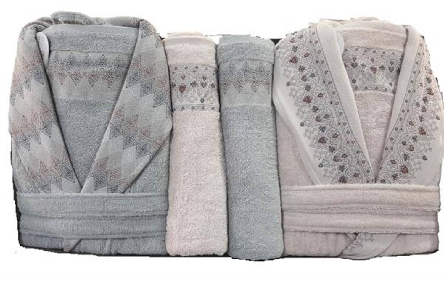 Набір рушників Pupilla 6 предметів: 2 жіночі та 2 чоловічі халати, 2 банних рушники 90x150 см, 2 рушники для обличчя 50x90 см, сильна поглинальність