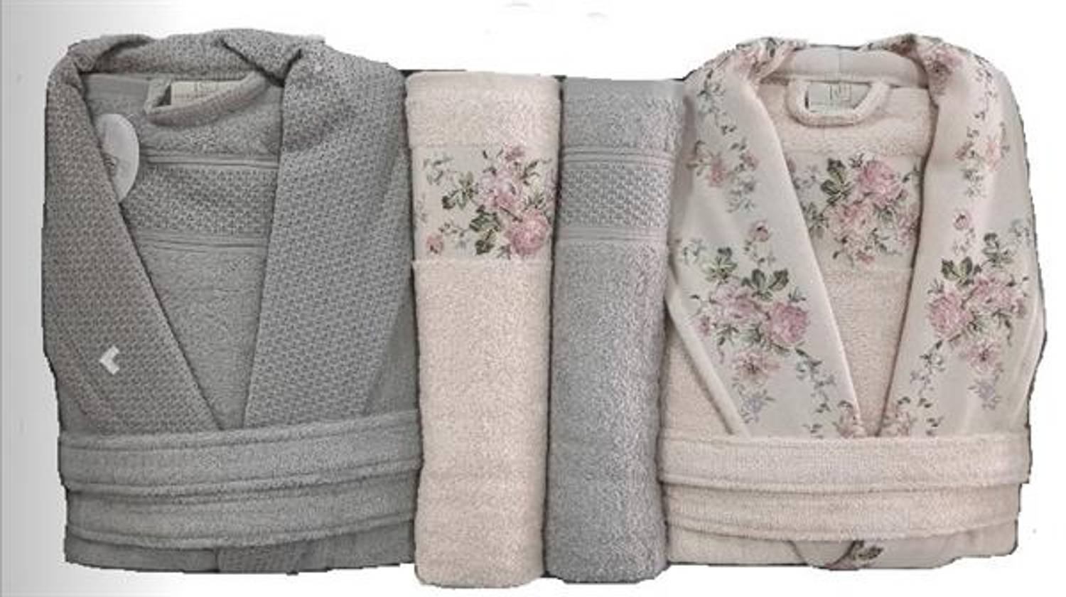 Комплект з 6 предметів банних халатів Pupilla з бамбука у пудровому та сірому кольорах, високий рівень вбирання та м'якості