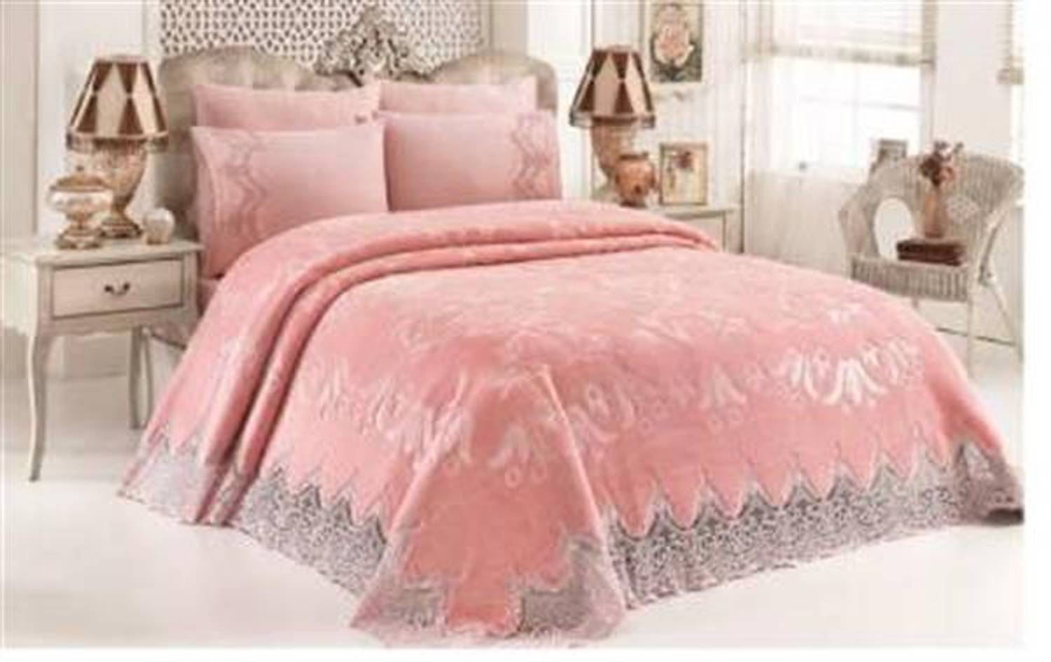 Mink Exclusive Çift Kişilik Gipürlü Battaniye Set Gül