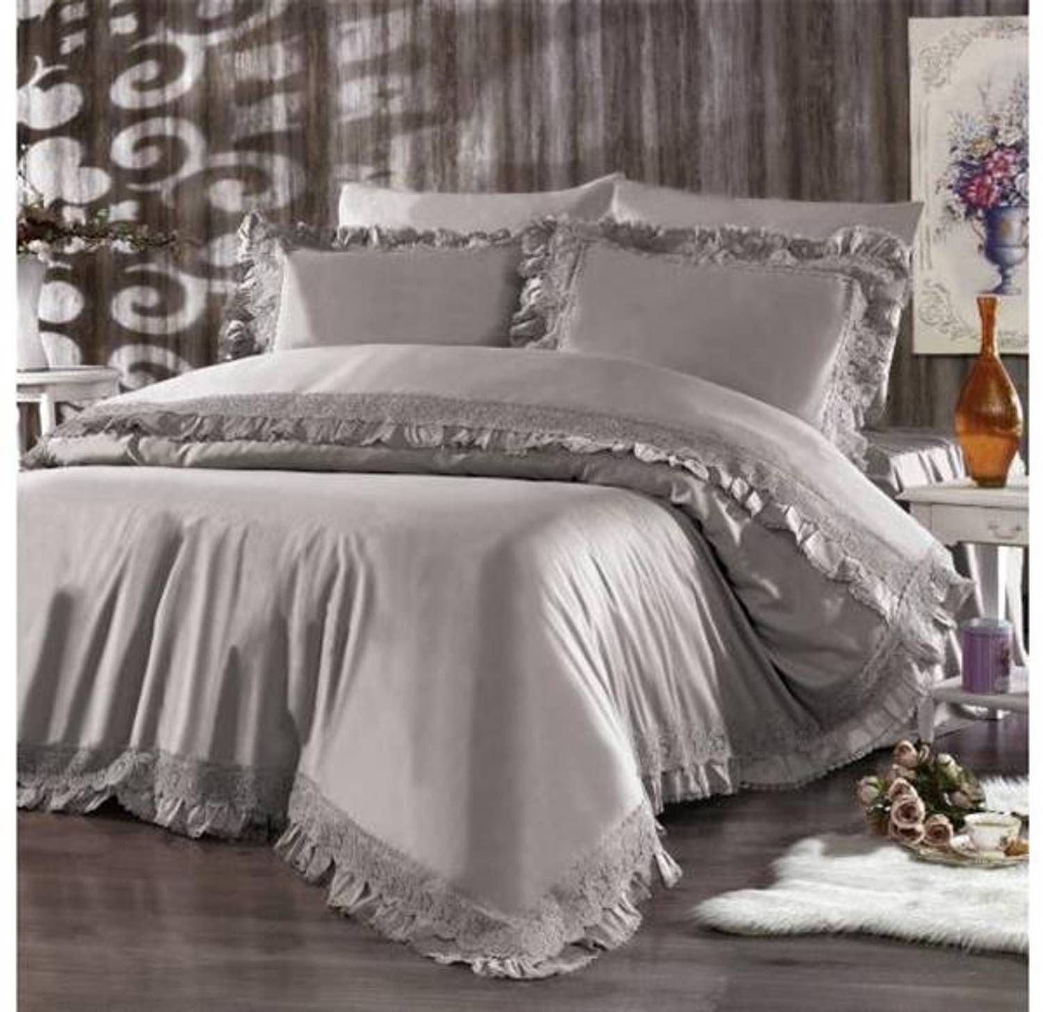 طقم غطاء لحاف مزدوج من الساتان القطني من نازك هوم باللون الرمادي هيلين