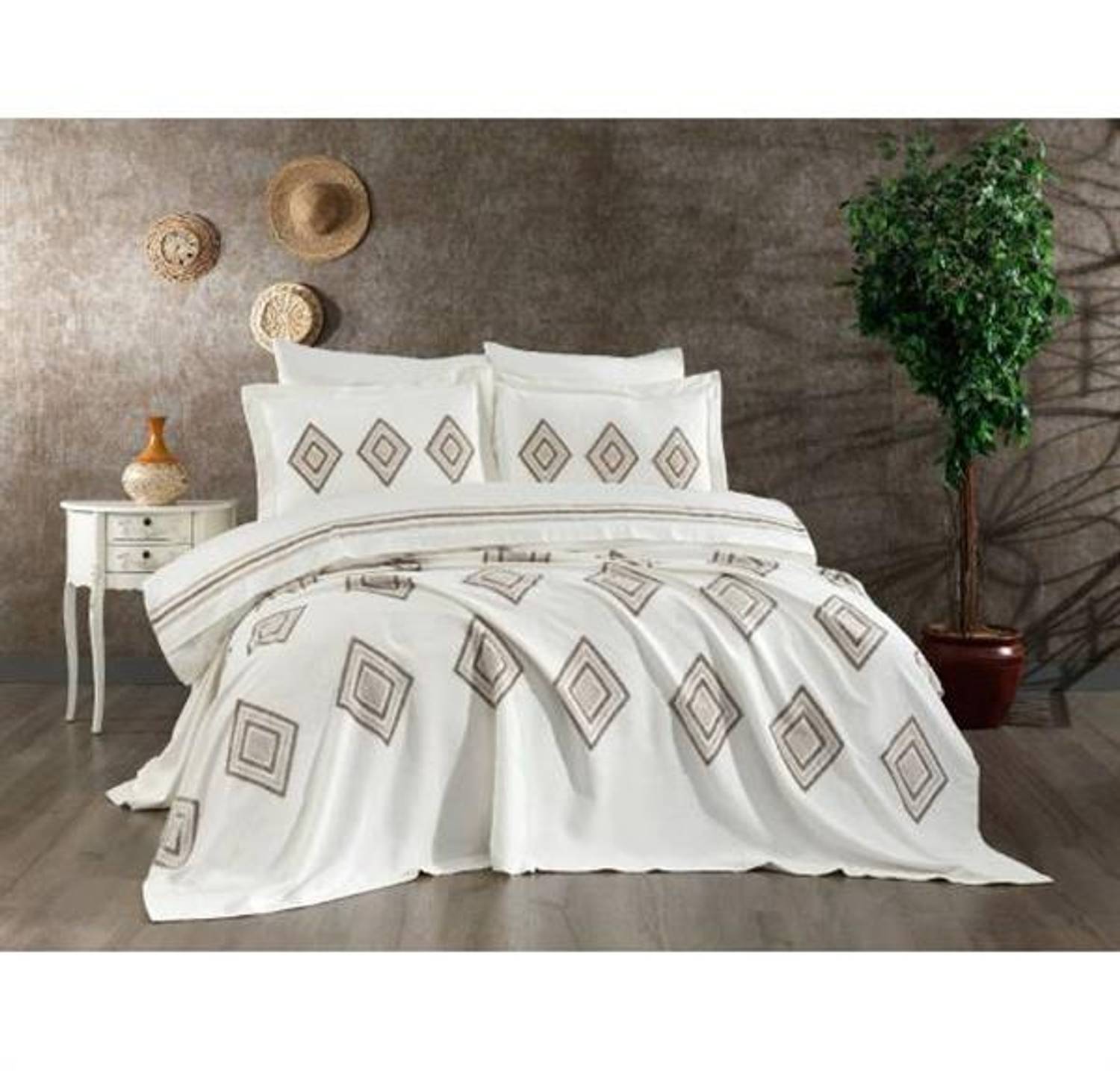Nazik Home Marcia Tile Embroidered Double Duvet Cover Pique Set 7 Pieces Cream-Mink