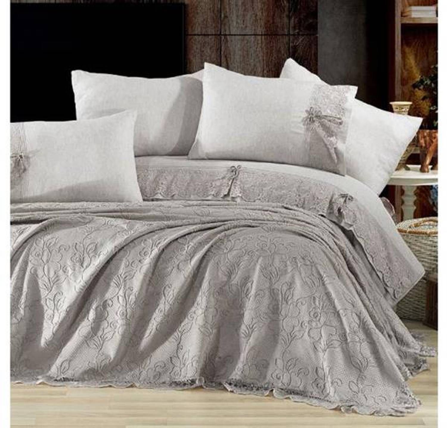 Nazik Home Lace Double Duvet Cover Pique Set 7 Pieces Rosalle Gray