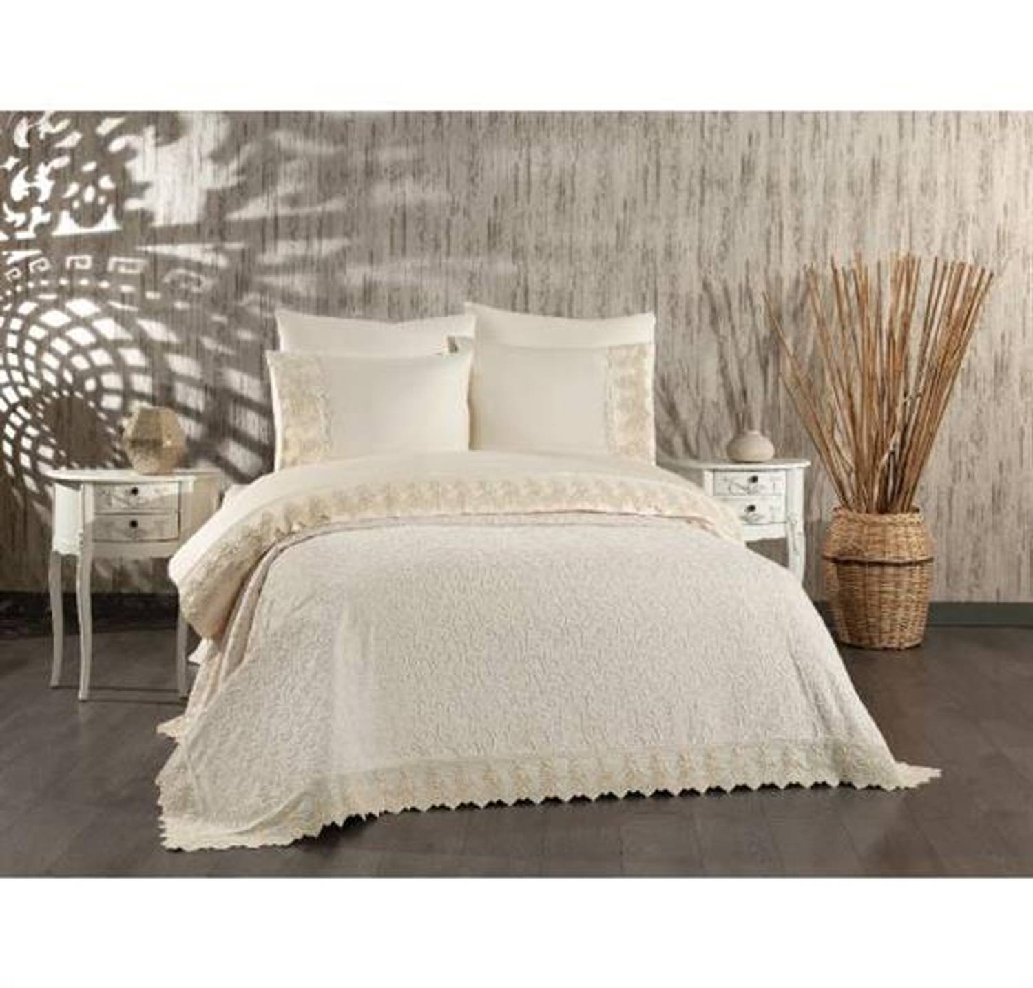 Двоспальний комплект постільної білизни Nazik Home з покривалом Туаль Бежевий