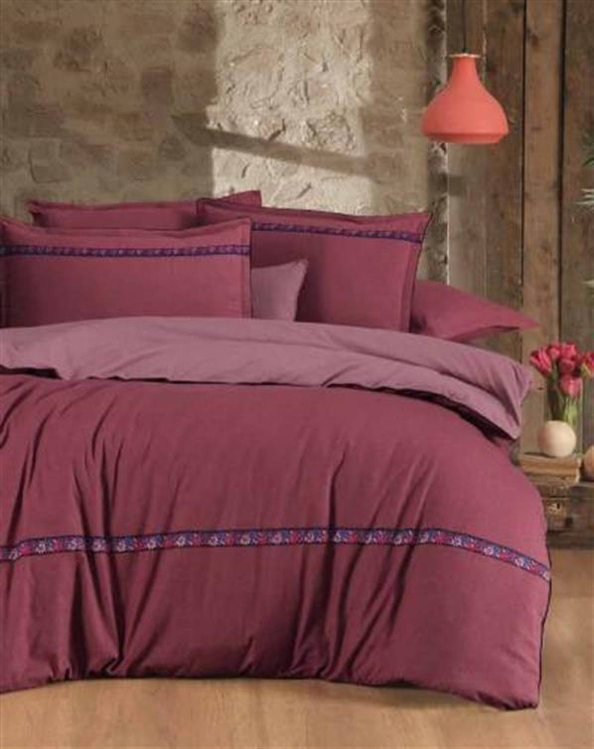 Комплект постельного белья Sarev Flanel для одной персоны Enrike бордо, 100% хлопок, теплый и мягкий, пододеяльник 160x220 см, простыня 180x260 см, наволочка 50x70 см
