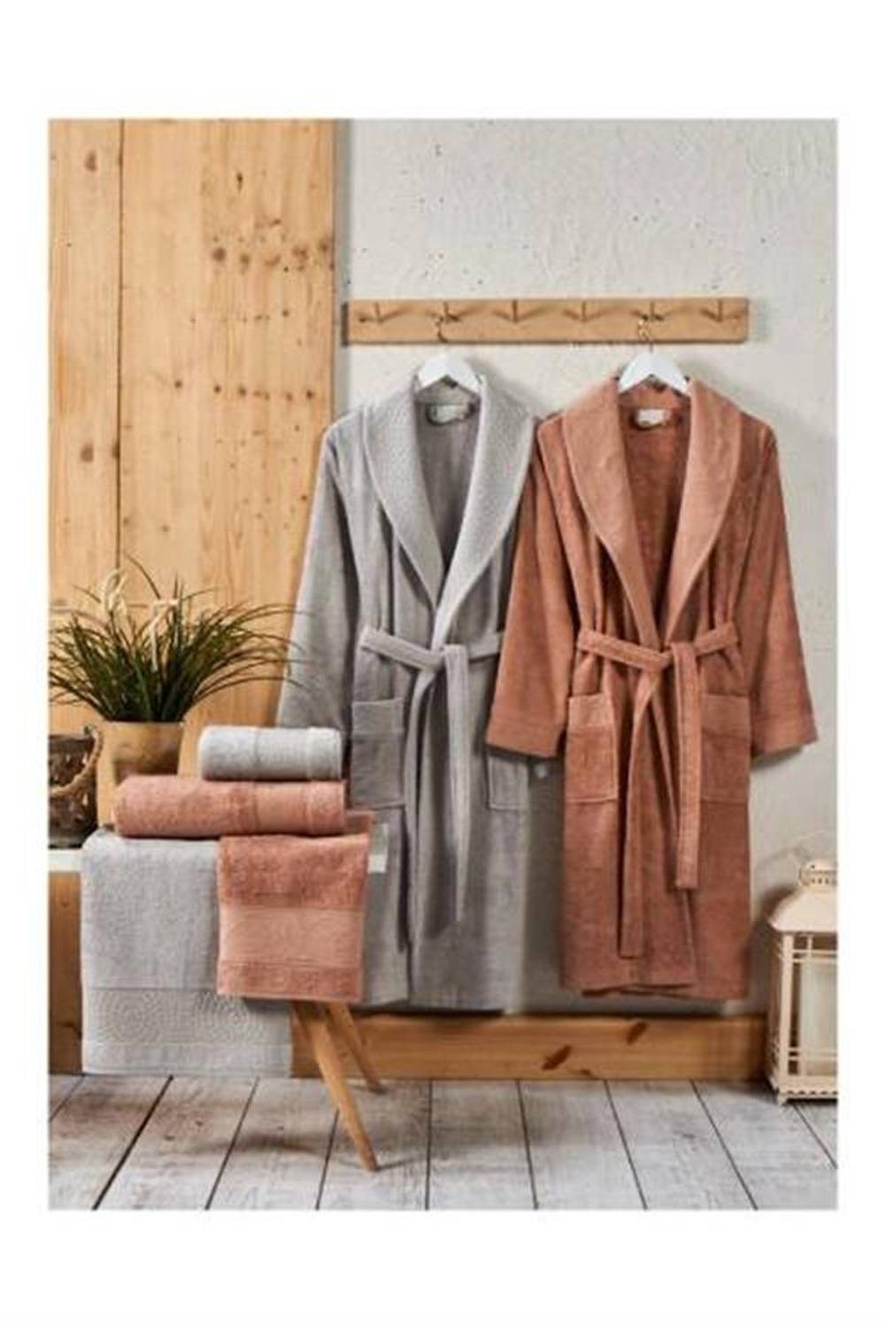 Набір халатів Şıkel з жакарду бамбуковий сірий-персиковий, 2 халати та 4 рушники, м'який та вбираючий, 6 частин