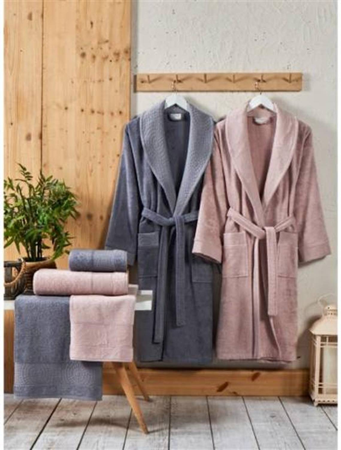 Şıkel Aile Bornoz Seti Jakarlı Bambu Pudra-Antrasit