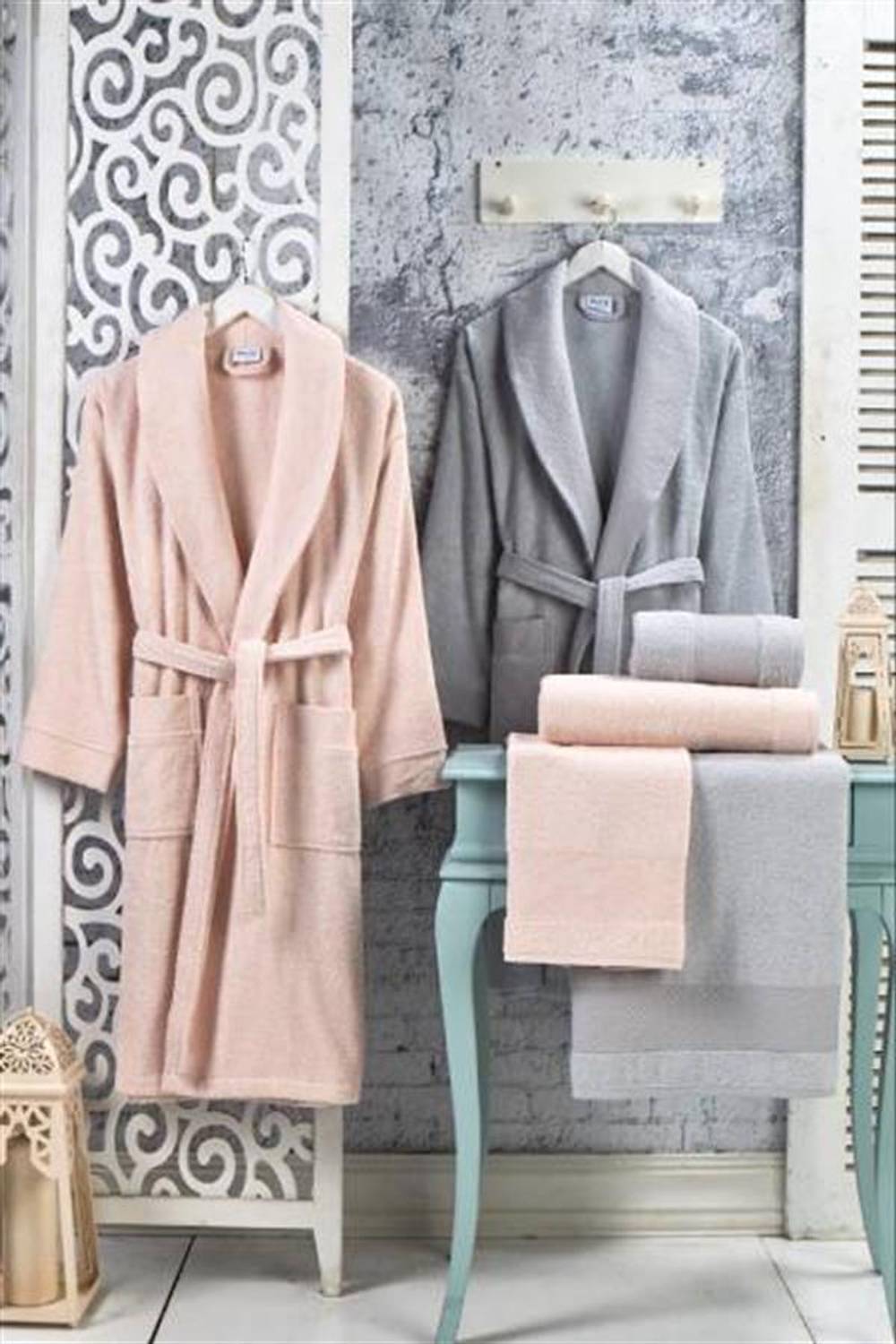 Şıkel Aile Bornoz Seti Jakarlı Cotton Purry Antrasit-Pudra