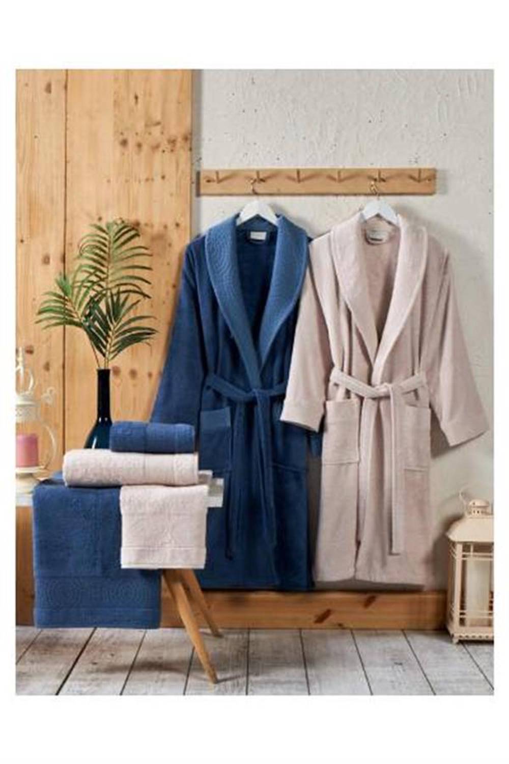 Набор банных халатов Şıkel из бамбукового хлопка, тёмно-синий и пудровый, 6 предметов, мягкий и впитывающий