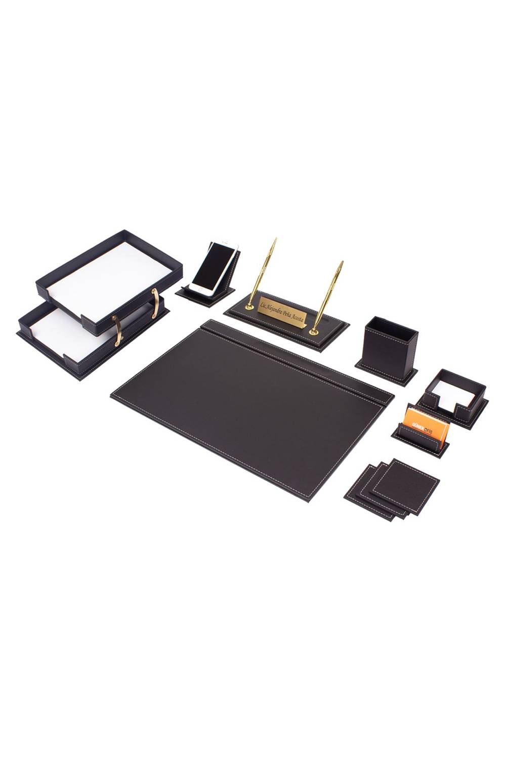 Campaign product Vega Desktop Set Black 11 Piece with Double Document Shelves - Name Tag Gift