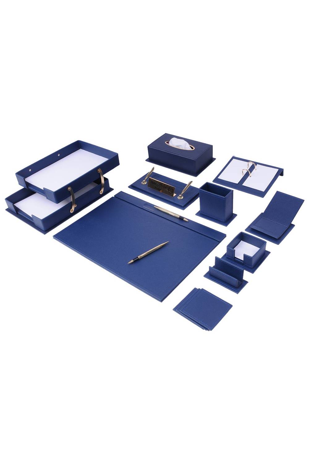 Vega Desktop Set Navy Blue 14 Pieces with Double Document Shelves - Name Tag Gift
