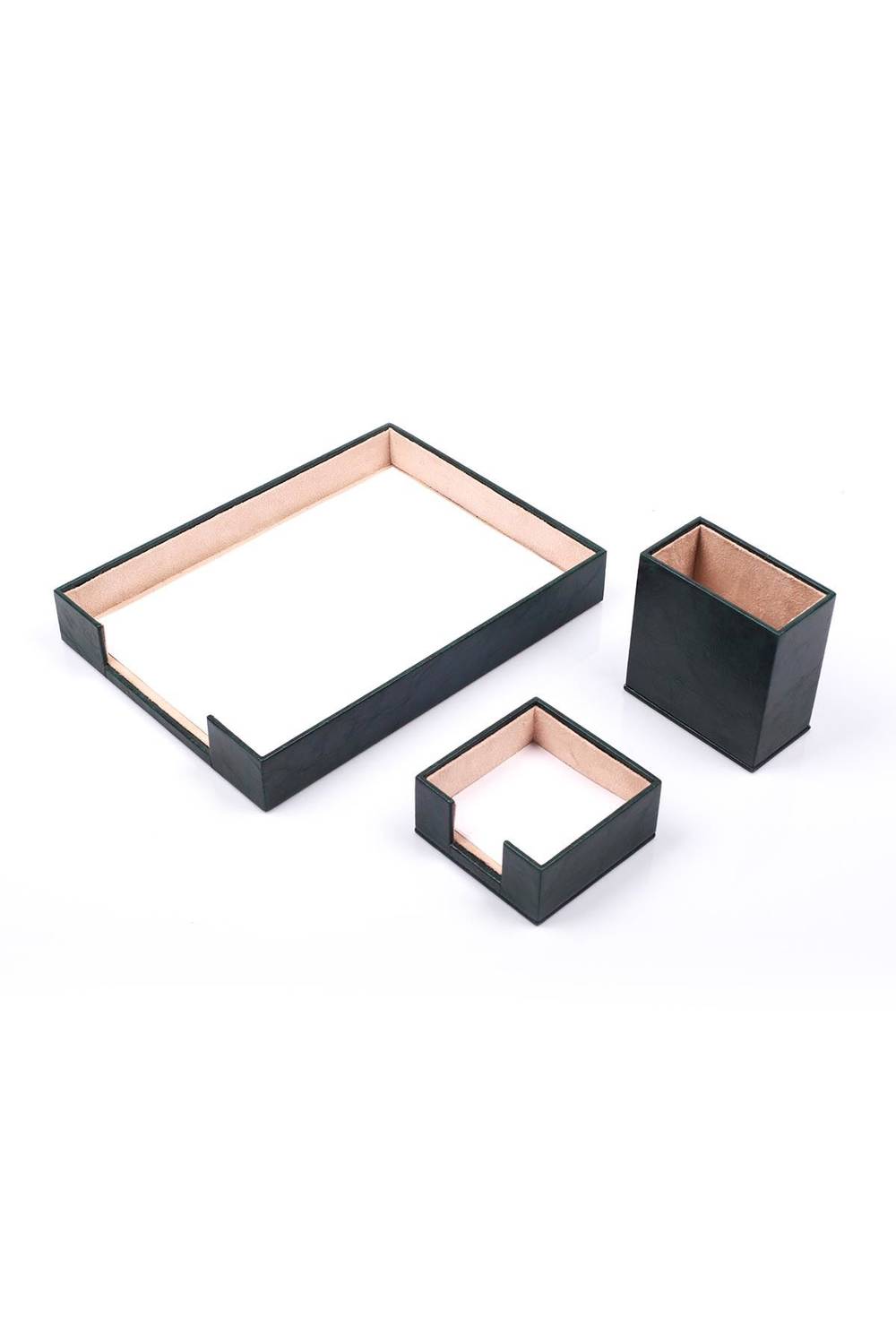 Leather 3 Piece Desktop Set Green Single Document Shelf, Pen Holder and Note Holder