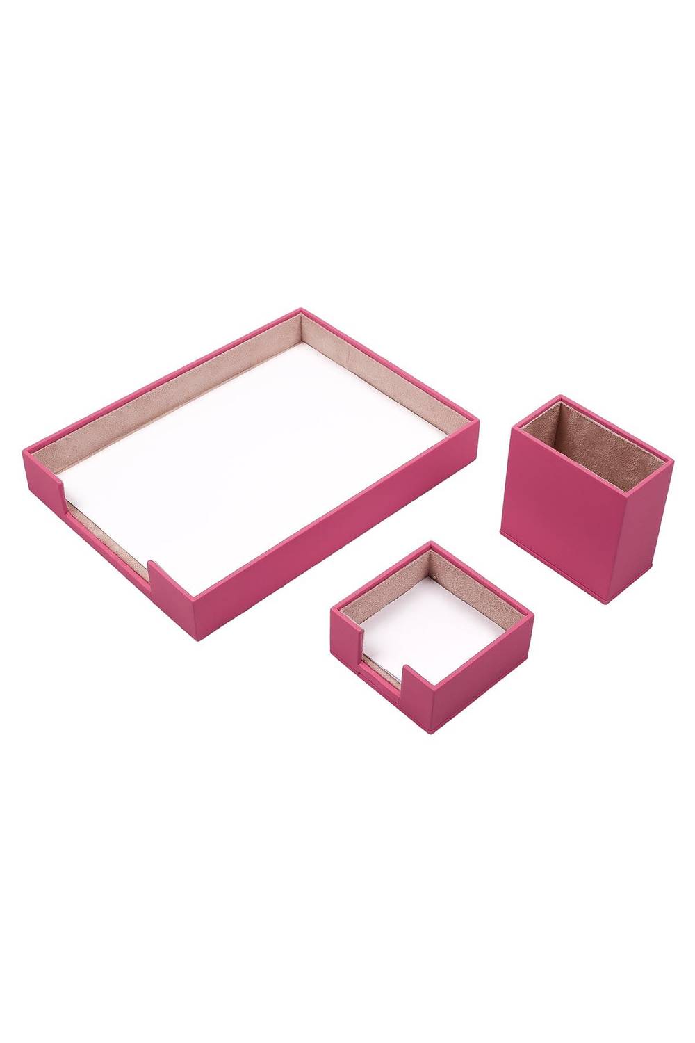 Leather 3 Piece Desktop Set Pink Single Document Shelf, Pen Holder and Note Holder