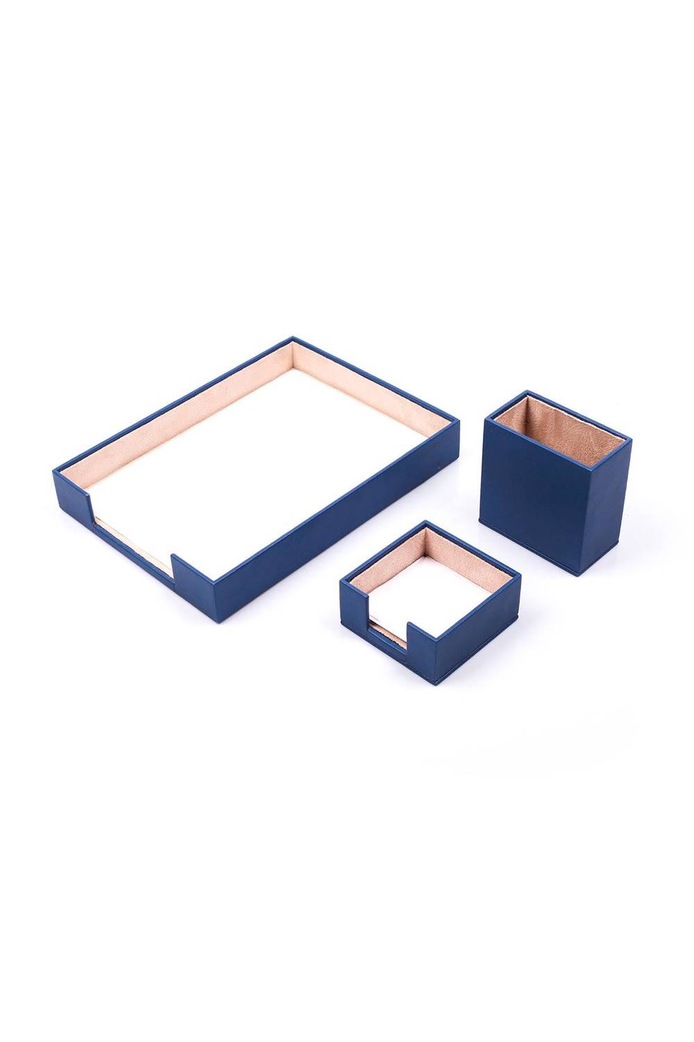 Leather 3 Piece Desktop Set Blue Single Document Shelf, Pen Holder and Note Holder