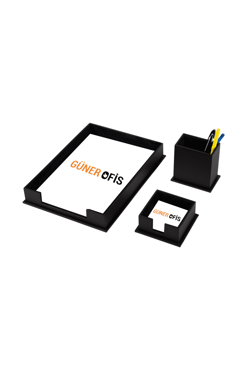 Leather 3 Piece Desktop Set Black Single Document Shelf, Pen Holder and Note Holder