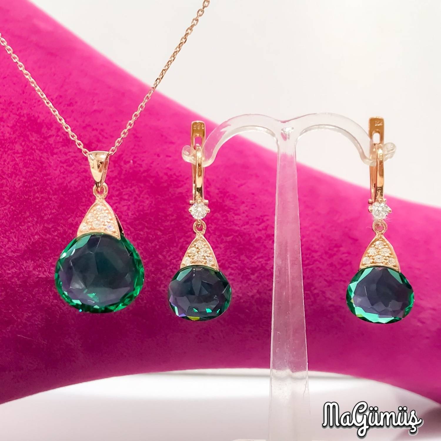 Новый набор серег серебряного ожерелья из зеленого кварца с камнем в форме капли
