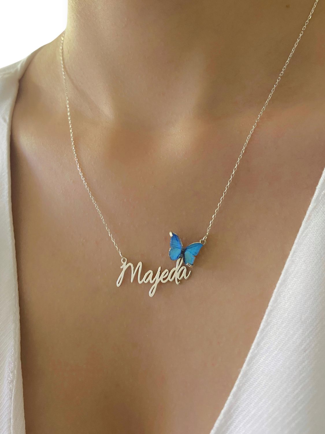 Custom 925 Sterling Silver Necklace with Three Dimensional Realistic Butterfly Name