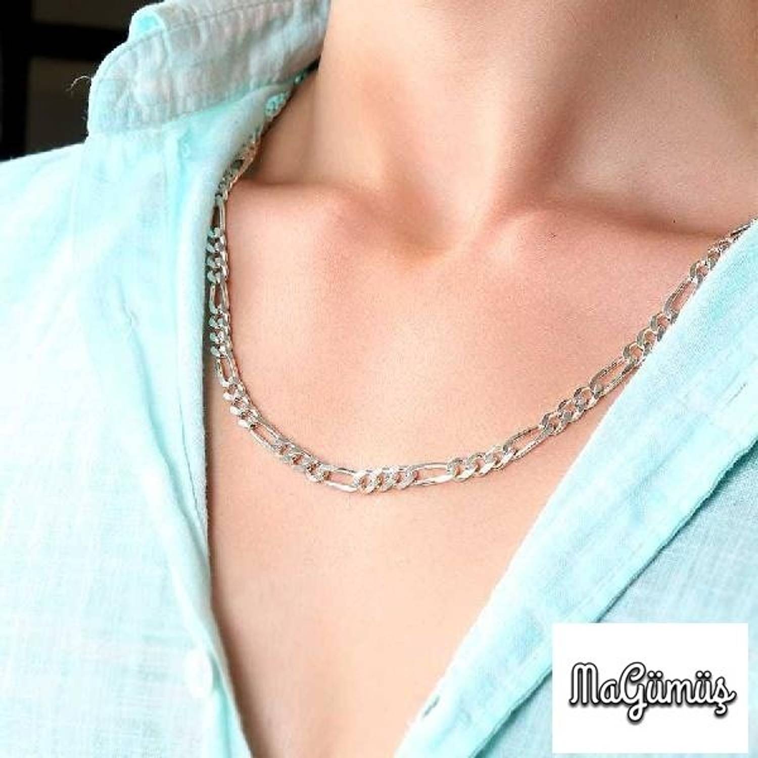 Популярний срібний чоловічий ланцюжок Figaro 50 см, 16 г, без каміння, покритий родієм, в комплекті з оксамитовою коробкою