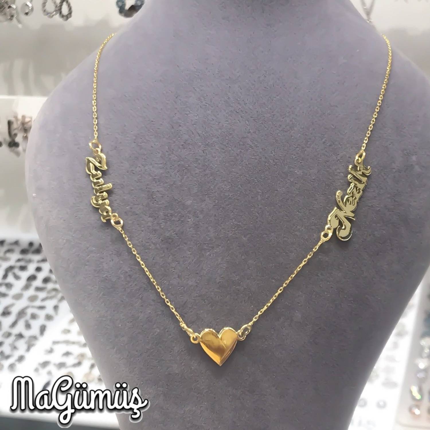 2 İki İsim Ortası Kalp Tasarım Altın Kaplama Gümüş Kolye