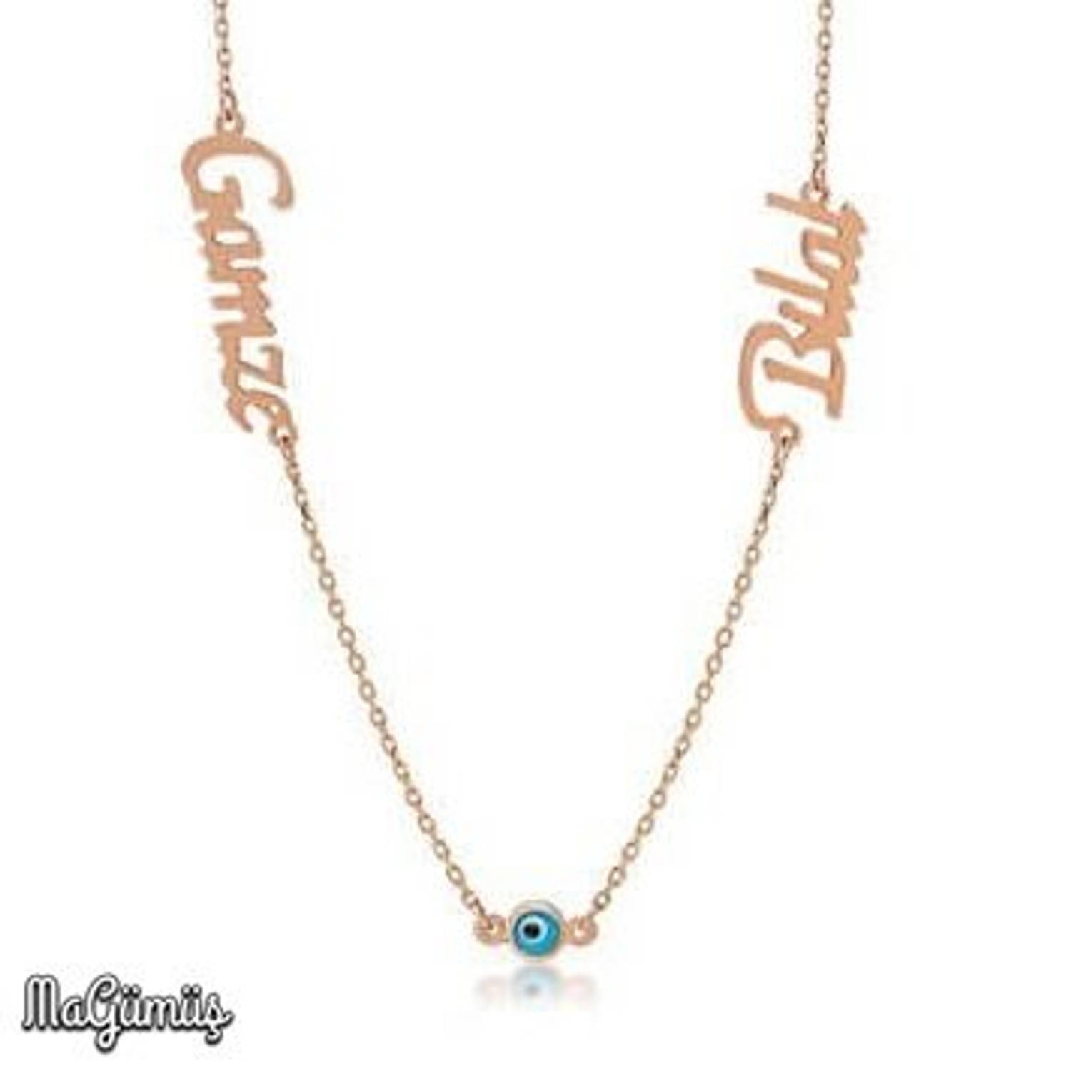 Персоналізоване срібне намисто з двух імен та окуляром відьом, 925 проба, довжина 45 см, рожева обкладинка, вага 7.50 г