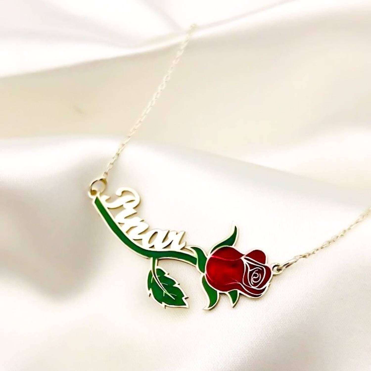 New Name Rose Colored Enamel Silver Name Necklace