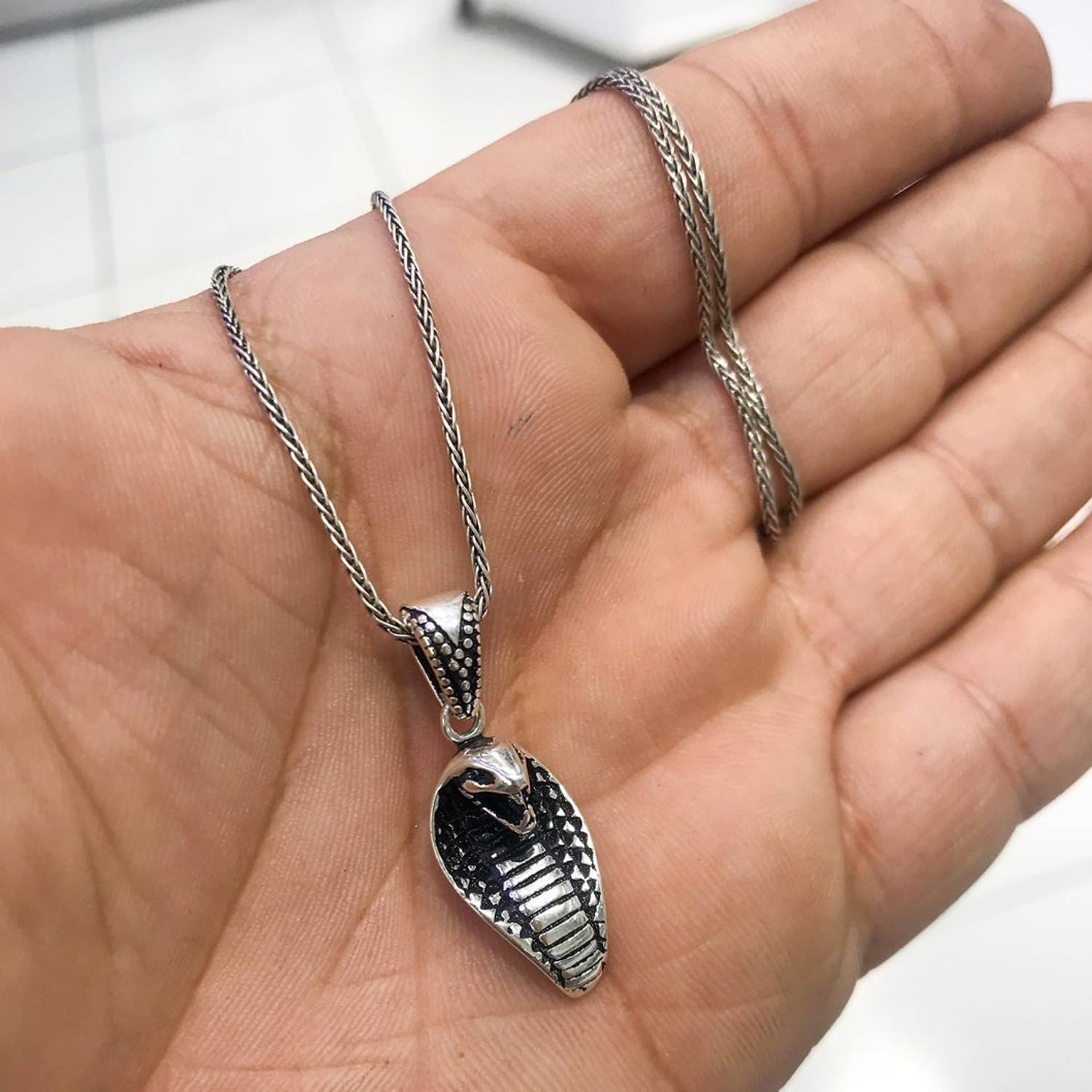 Cobra Head Silver Necklace Foxtail Chain Men's Necklace