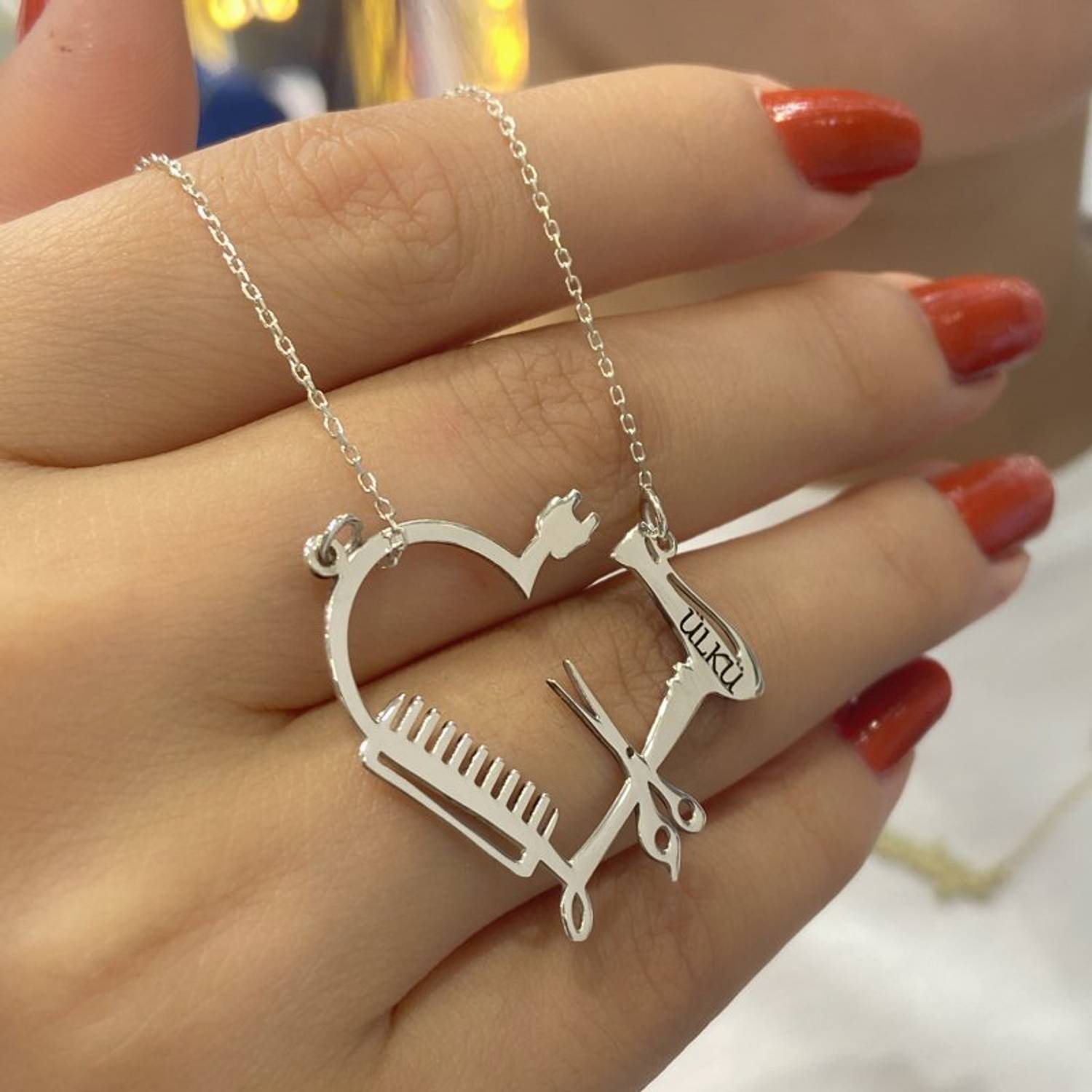 فرشاة مشط مقص اسم الحلاق قلادة من الفضة الإسترليني