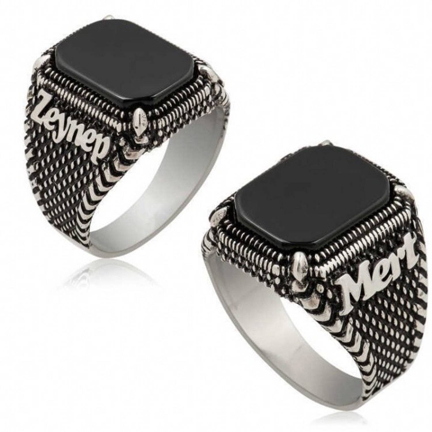 Black Square Oltu Stone Clawed 2 Names Sterling Silver Men's Ring