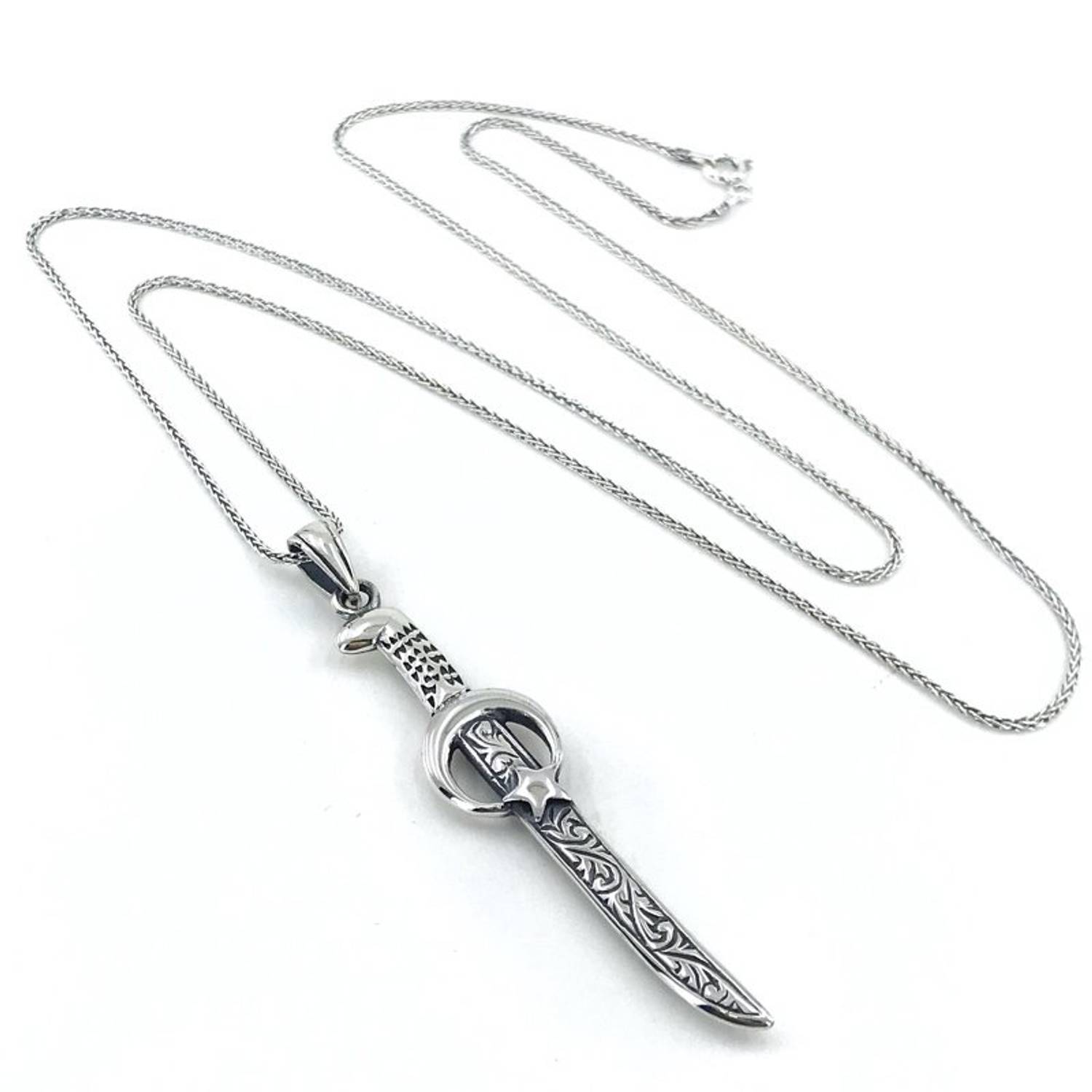 Foxtail Chain Moon Star Knife Silver Men's Necklace