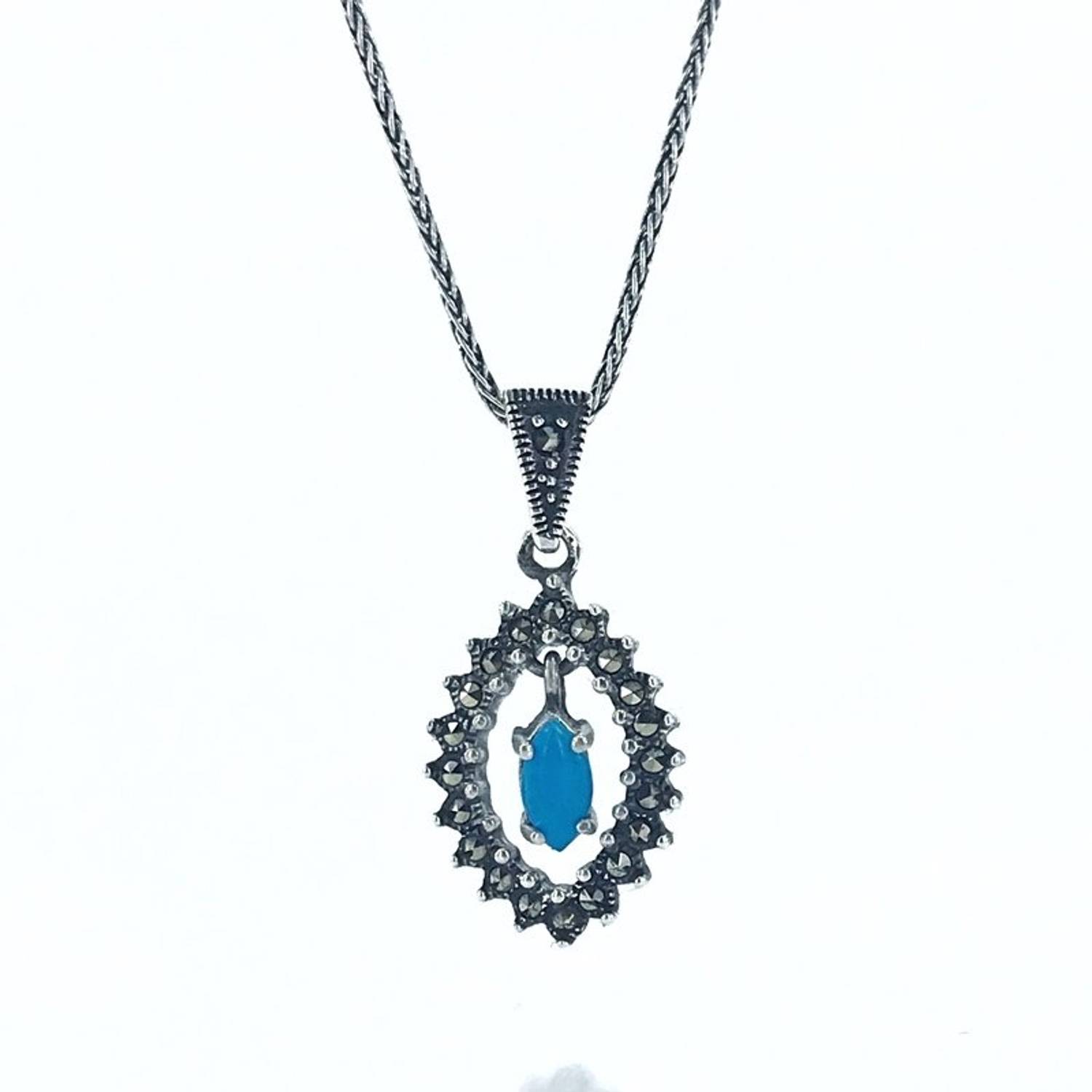 Shuttle Model Turquoise Marcasite Stone Silver Necklace