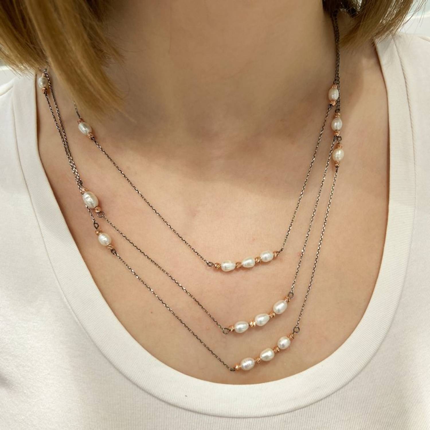 160 cm Çok Uzun Zincir 3 Dolamalı Doğal İncili 925 Gümüş Kolye