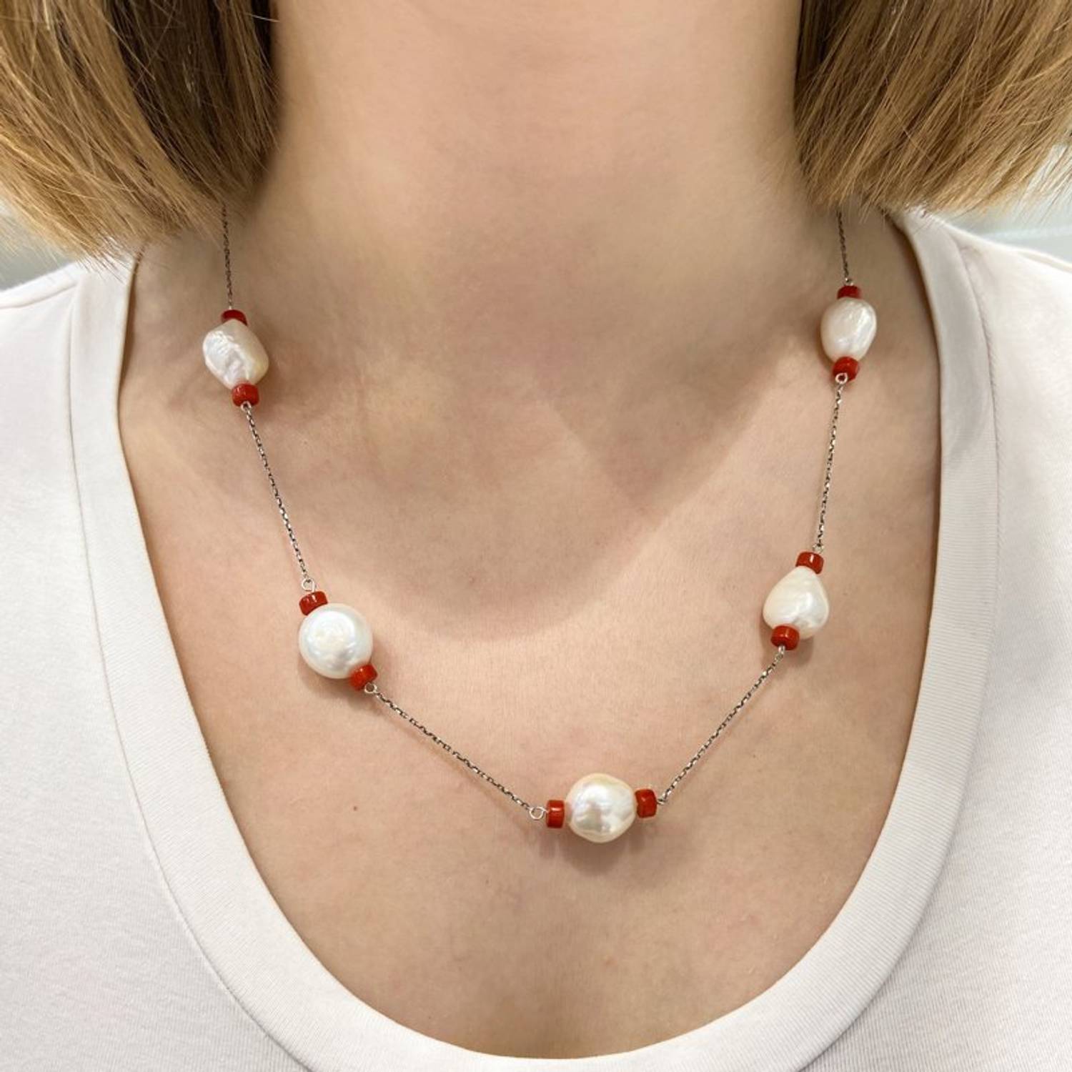 Колье из 925 проби серебра с натуральными жемчужинами и кораллами в стиле тренд, ручная работа, уникальный дизайн, 50 см длина