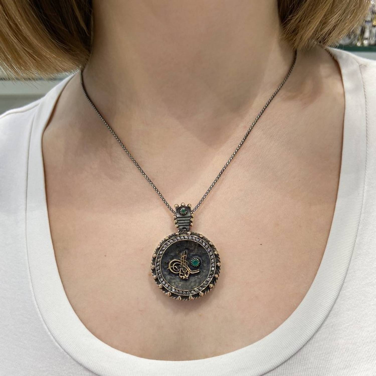 Аутентичний 925 Срібний ожерельник з османським гербом, якісний ручний виріб, 45 см, 19,90 г, із смарагдом та цирконом