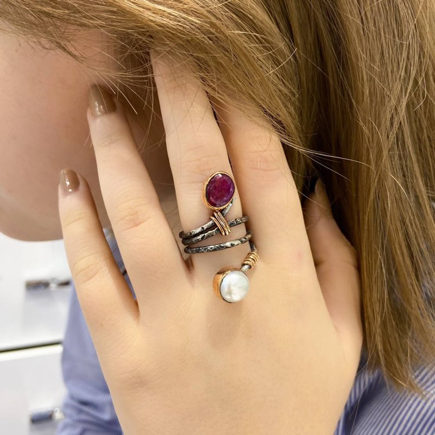 Hand Made Natural Pearl Ruby Stone Top Quality Authentic 925 Sterling Silver Ring