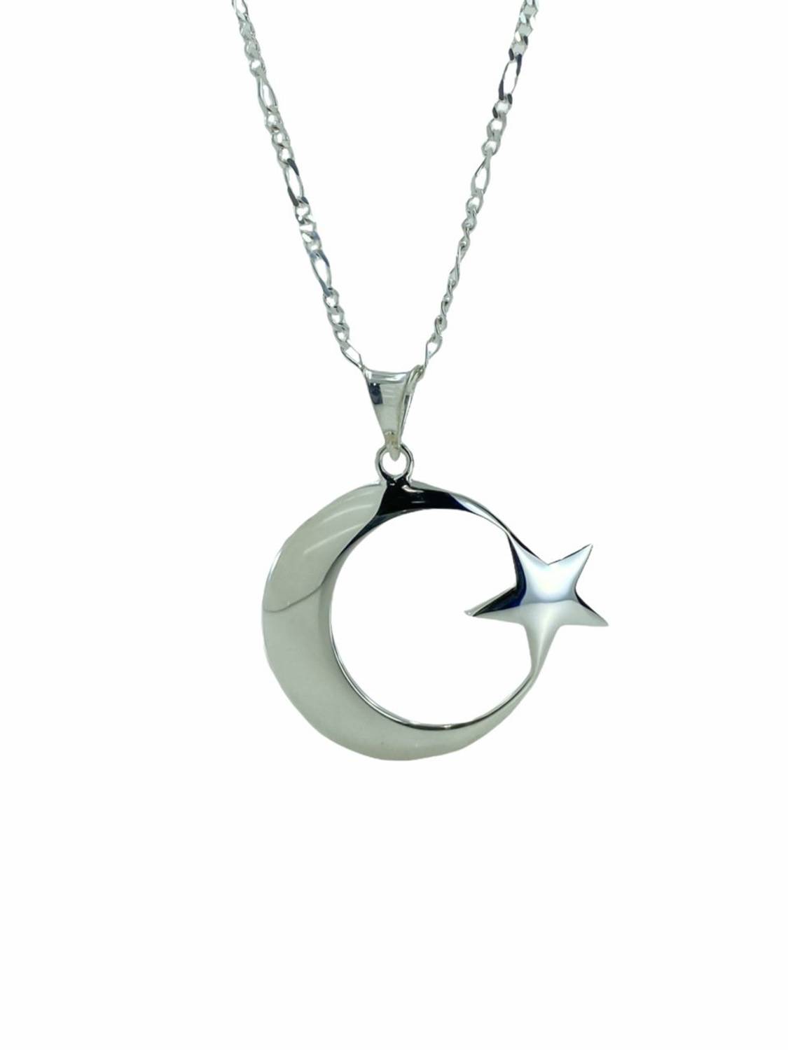 Big Size Crescent and Star Figaro 60 cm Chain Silver Necklace