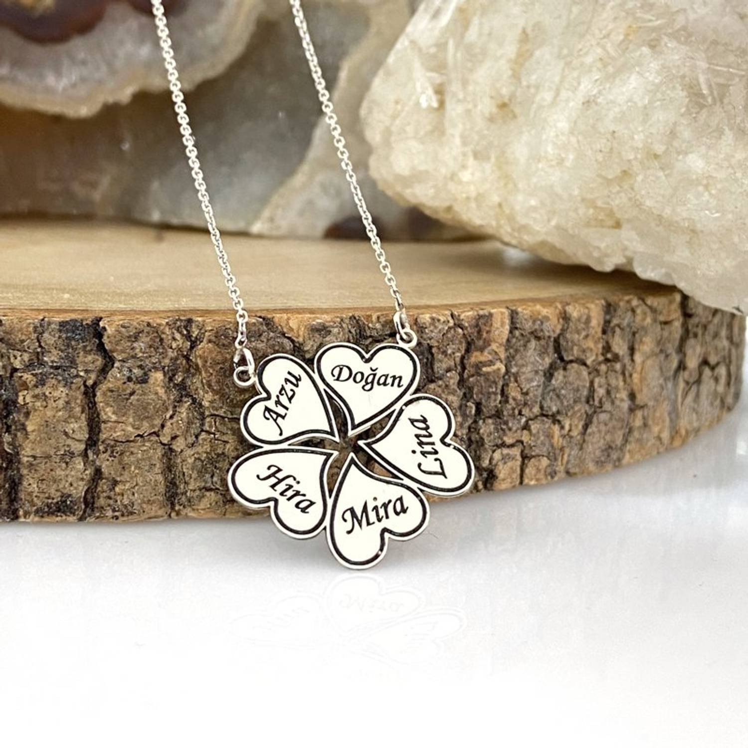 5 خمسة أسماء البرسيم القلب ورقة الأسرة قلادة قلادة من الفضة الاسترليني