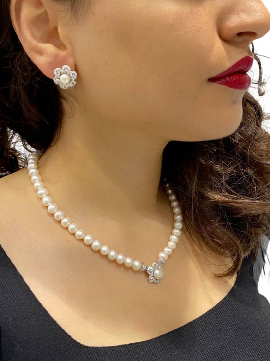 Gold Model Pearl Necklace Earring Set 925 Silver Set